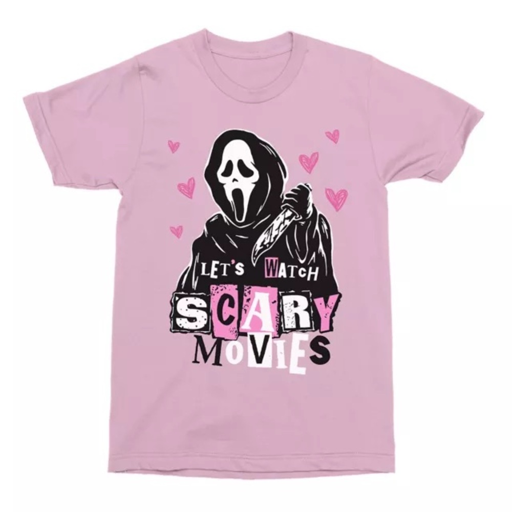 Spencer's | Pink Ghost Face Let's Watch Scary Movies T Shirt | Size Small